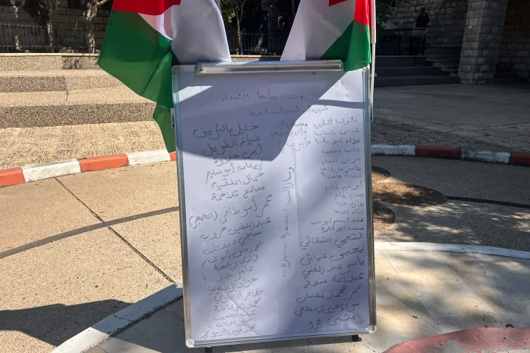 Birzeit University students wrote again the names of martyrs which were written on the memorial Phot