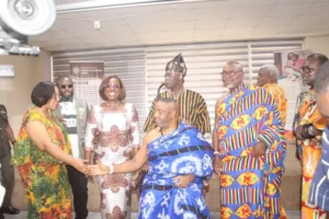 GMTF intensifies drive to support Ms Linda Ocloo left exchanging greetings with Ga Mantse King Tacki
