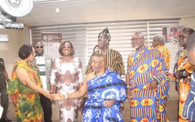 GMTF intensifies drive to support Ms Linda Ocloo left exchanging greetings with Ga Mantse King Tacki